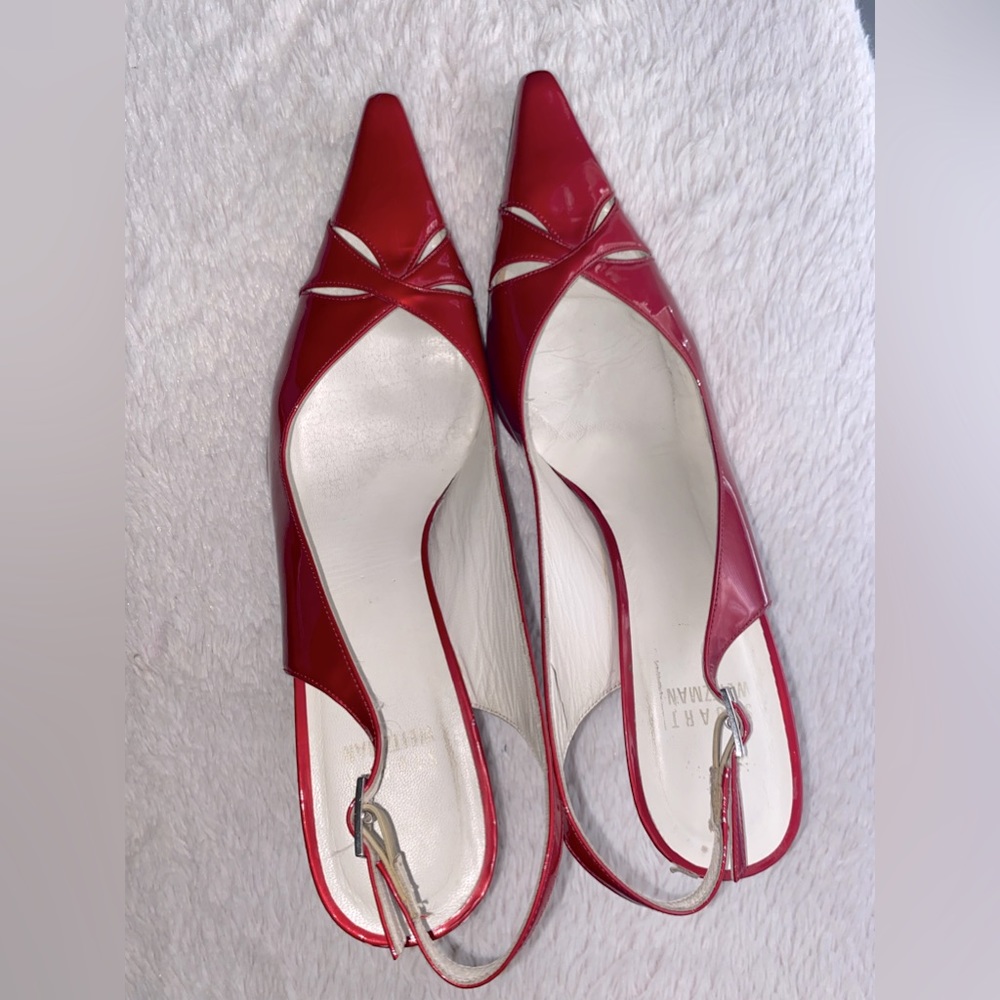 👠Red STUART WEITZMAN Patent Leather Cutout Accent Slingback Pumps,8.5